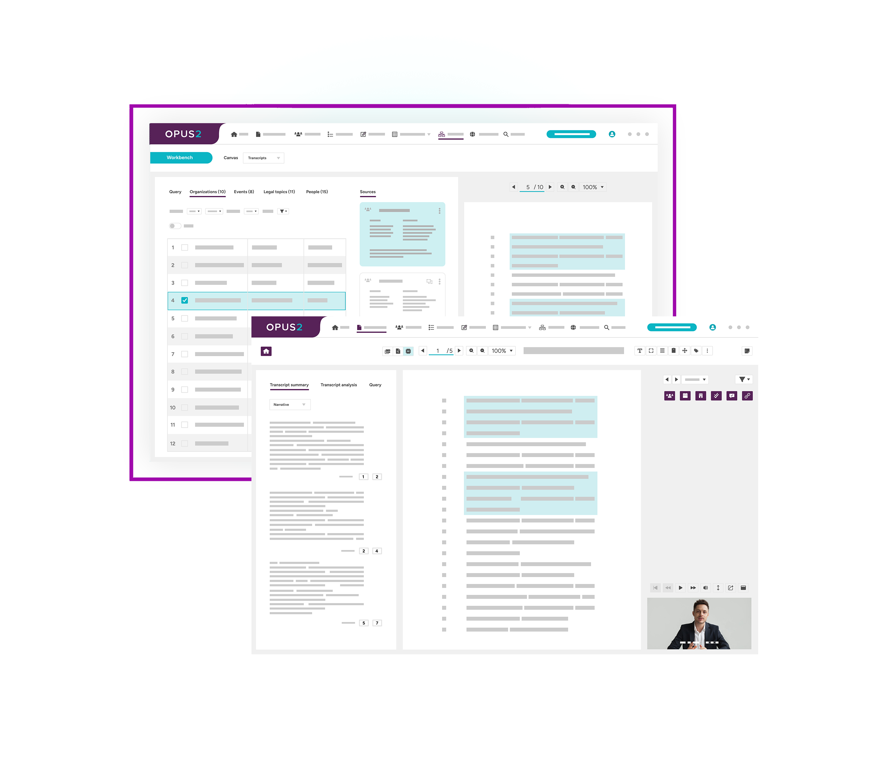 AI transcript management Opus 2 Cases Screenshot